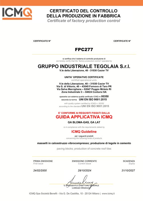 Certificato controllo produzione FPC277