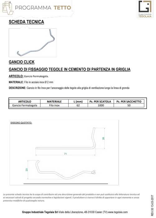 GANCIO DI FISSAGGIO TEGOLE IN CEMENTO DI PARTENZA IN GRIGLIA - Programma Tetto