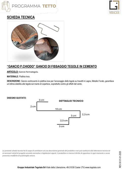 GANCIO P.CHIODO GANCIO DI FISSAGGIO TEGOLE IN CEMENTO - Programma Tetto