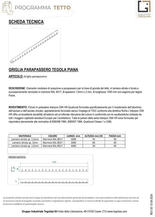 GRIGLIA PARAPASSERO TEGOLA PIANA - Programma Tetto