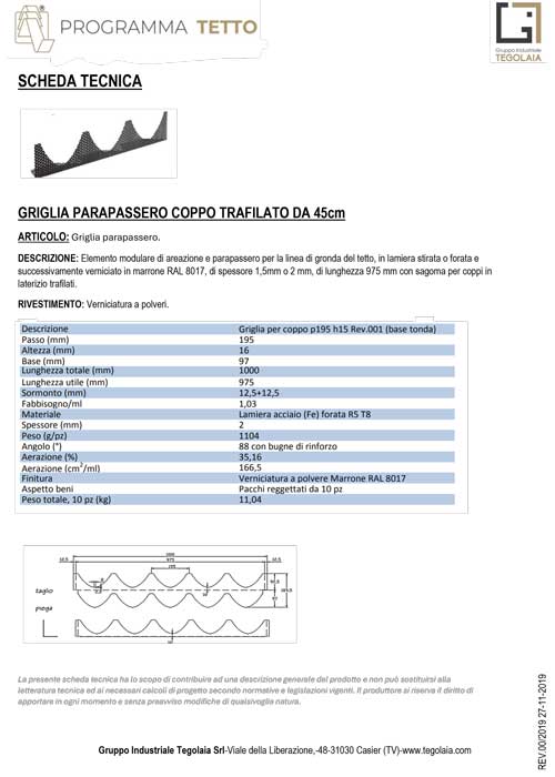 GRIGLIA PARAPASSERO COPPO TRAFILATO DA 45cm - Programma Tetto