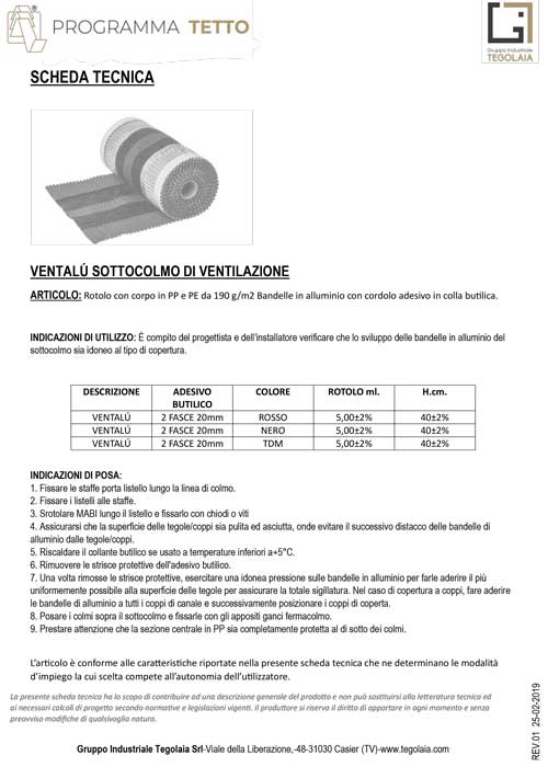 VENTALÚ SOTTOCOLMO DI VENTILAZIONE - Programma Tetto