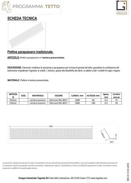 Pettine parapassero tradizionale - Programma Tetto