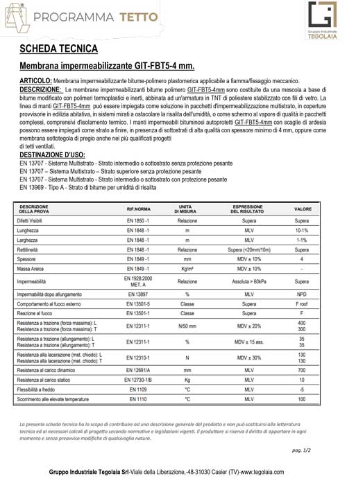 Membrana impermeabilizzante GIT-FBT5-4 mm - Programma Tetto