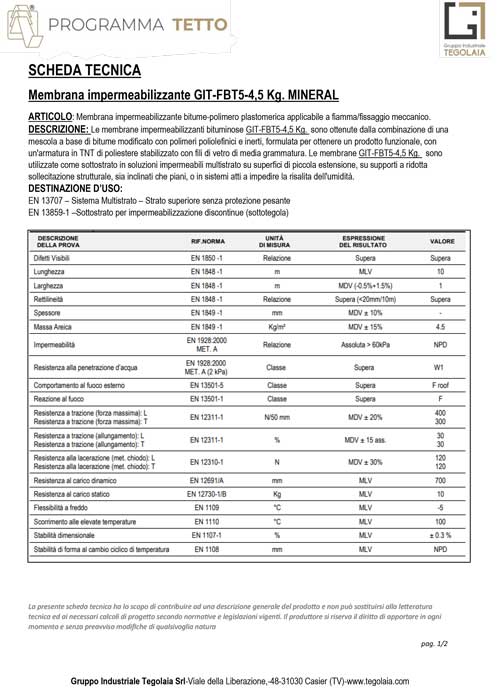 Membrana impermeabilizzante GIT-FBT5-4,5 Kg. MINERAL - Programma Tetto