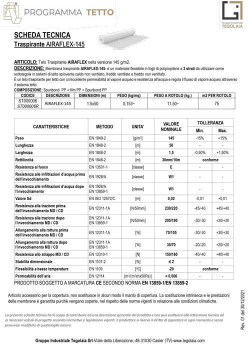 Traspirante AIRAFLEX-145 - Programma Tetto