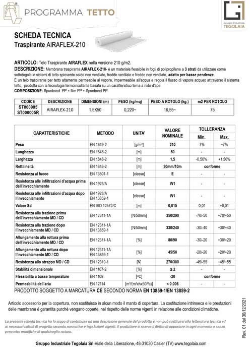 Traspirante AIRAFLEX-210 - Programma Tetto