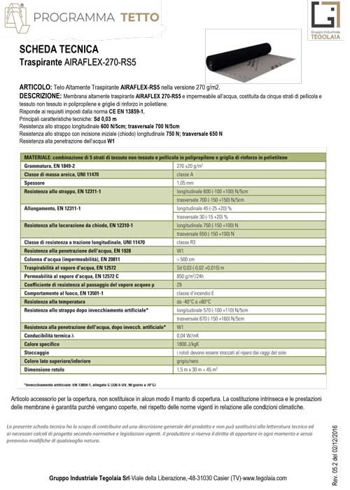 Traspirante AIRAFLEX-270-RS5 - Programma Tetto