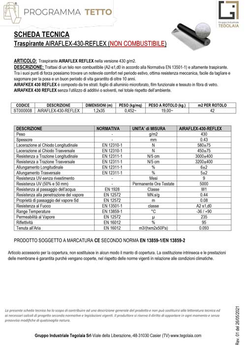Traspirante AIRAFLEX-430-REFLEX (NON COMBUSTIBILE) - Scheda Tecnica