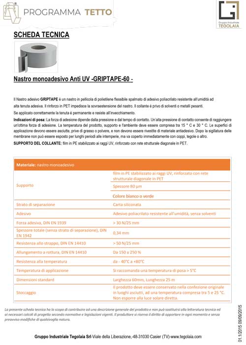 Nastro monoadesivo Anti UV -GRIPTAPE-60 - Programma Tetto