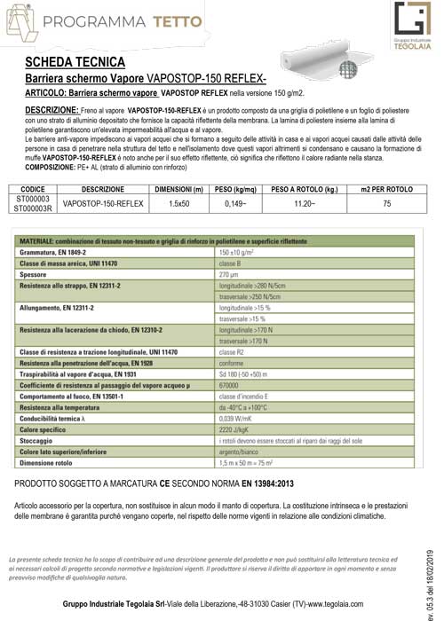 Barriera schermo Vapore VAPOSTOP-150 REFLEX - Programma Tetto