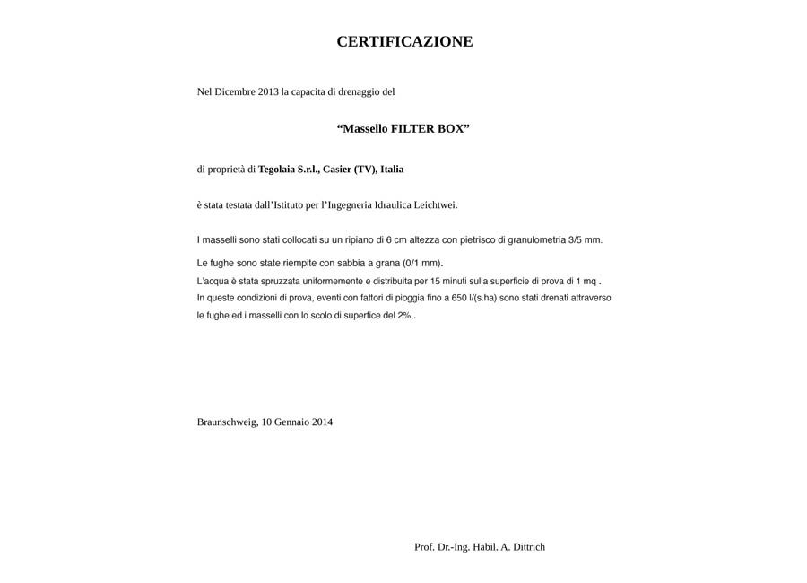 Certificazione drenaggio Filterbox